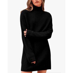 BTFBM Womens Large Black Turtleneck Long Sleeve Knit Sweater Dress Loose Fit